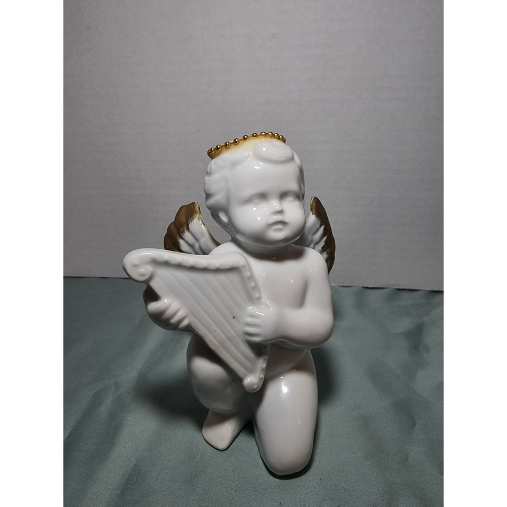 White‎ And Gold Cherub Angel Figurine Playing Harp